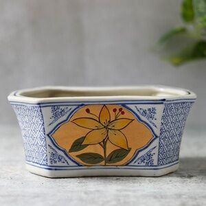 Vintage Asian blue white gold flower floral planter ceramic large painted